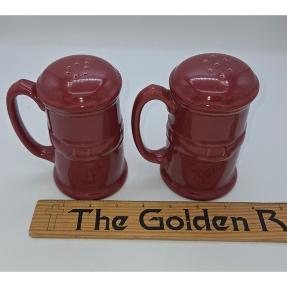 Longaberger Pottery Burgundy Salt & Pepper Shakers Mug Shape 4.25" Tall Made In - Picture 5 of 7
